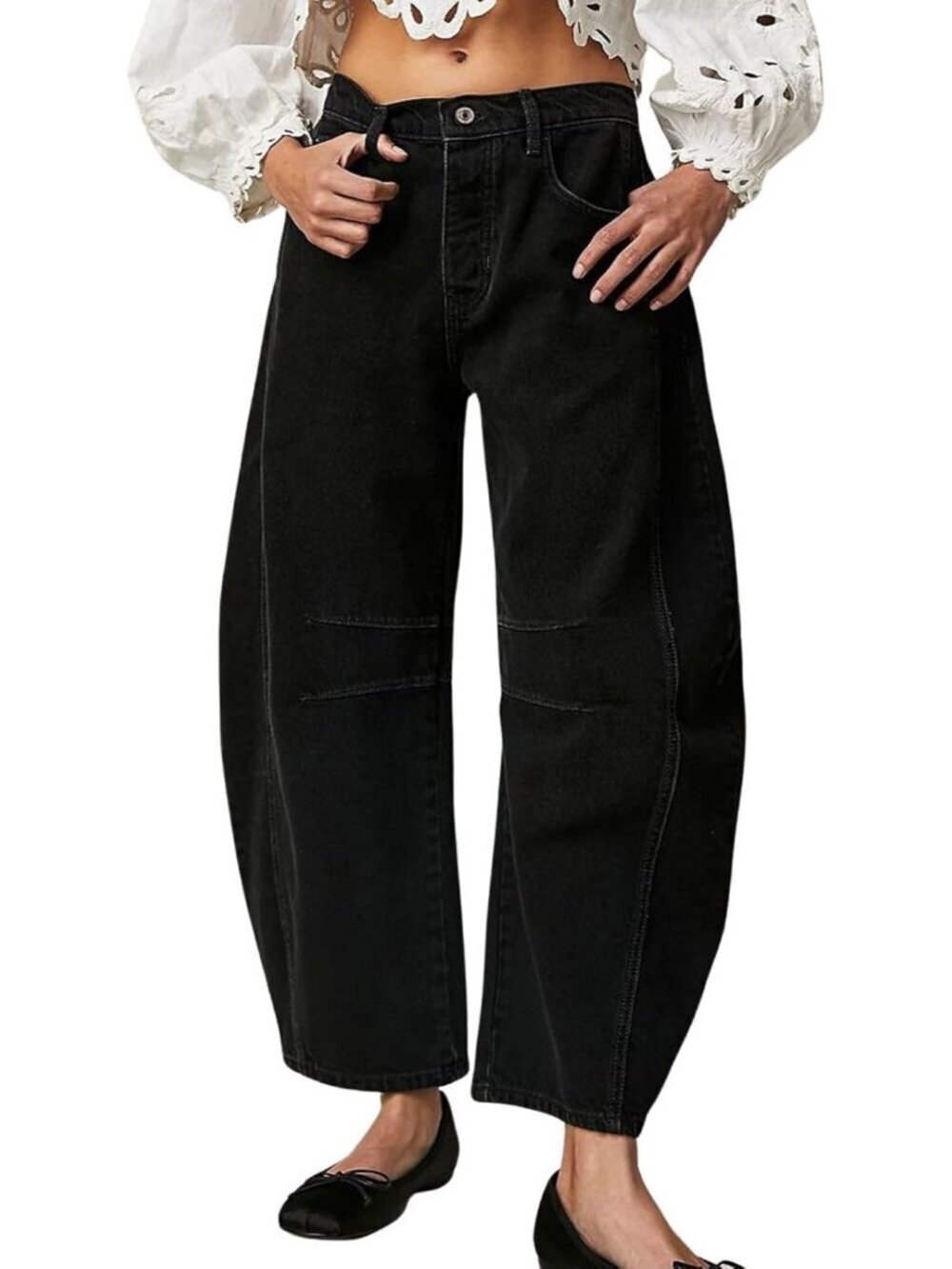 Women's Black Stretchy Mid Rise Barrel Jeans Vintage Loose Wide Leg Jeans